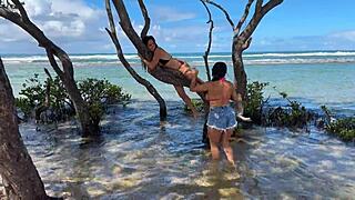 two pretty brunettes flaunt big asses on public beach