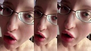 tall glasses fetish girl chews huge food while getting fucked
