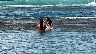 two pretty brunettes flaunt big asses on public beach