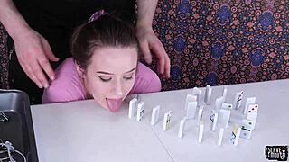 hot blond teen submits to facefucking master spewing dominoes on her