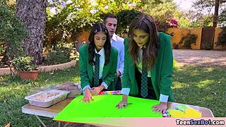 Cute petite teens offer free pussy in university uniform orgy