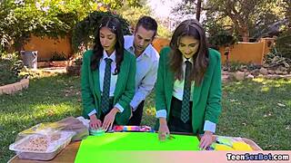 Cute petite teens offer free pussy in university uniform orgy