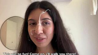 hottie struts public streets with fresh cum face after losing bet