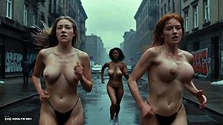 Bold naked AI girls race with bouncing tits in muddy Bronx streets