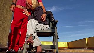 blonde wife deepthroats neighbor cock swallows cum closeup on balcony terrace