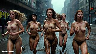 Bold naked AI girls race with bouncing tits in muddy Bronx streets