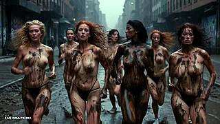 Bold naked AI girls race with bouncing tits in muddy Bronx streets