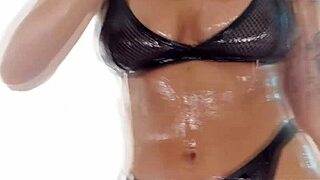 Oil-soaked April Olsen's body glistens as Zac Wild pounds her tight anal backdoor