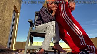 blonde wife deepthroats neighbor cock swallows cum closeup on balcony terrace