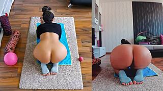 double curvy milf asses spread wide in naked yoga workout!
