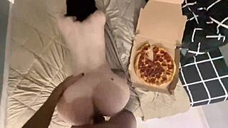 Jealous Brazilian girlfriend amberzinha rides my cock rough before pizza arrives