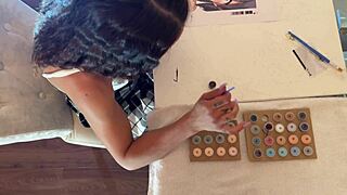 Petite Curly Brunette Milf Flashes Tight Pussy and Ass While Stroking Big Cock