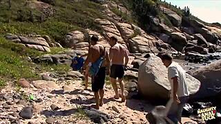 Whoa, three random studs destroy blonde bitch with extreme beach gangbang pounding!