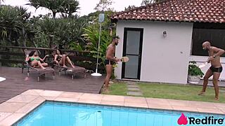 two naughty nymphos host wild fuck party riding cocks everywhere