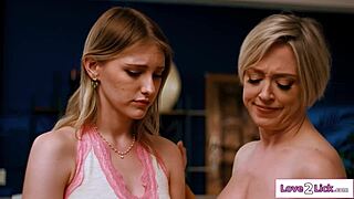 big tits cougar tongues teen shaved pussy deep!