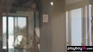 all natural ebony teen victoria antoinette strips stockings bares black pussy