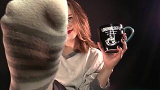 Morning yoga session with brunette housewife in ripped clothes