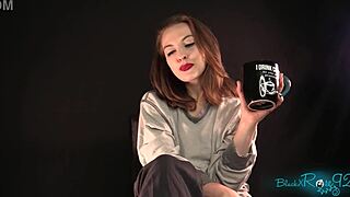 Morning yoga session with brunette housewife in ripped clothes