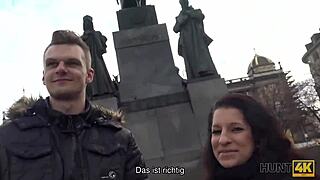 busty brunette jocelyne z trades shaved pussy for cash public pounding