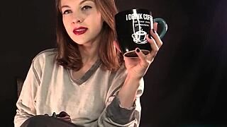 Morning yoga session with brunette housewife in ripped clothes