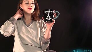 Morning yoga session with brunette housewife in ripped clothes