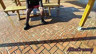 Watch me flash wet pussy to stranger in public park, he fingers till I squirt everywhere