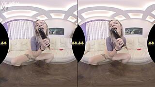 Blonde teen dildo fucks sofa piss play closeup