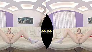 Blonde teen dildo fucks sofa piss play closeup