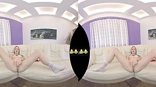 Blonde teen dildo fucks sofa piss play closeup