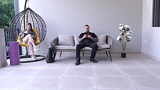 Fiery redhead girlfriend slams massive deep anal on sofa after yoga!