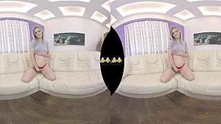 Blonde teen dildo fucks sofa piss play closeup