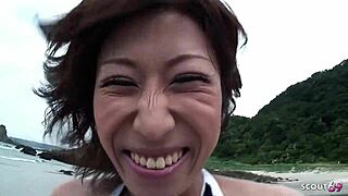 Anorexic Japanese Gilf's Beach POV Blowjob Leads to Stranger's Intense Uncensored Orgasm Ride