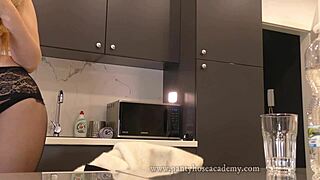 hot blonde wife in kitchen peels off sheer pantyhose revealing tight pussy