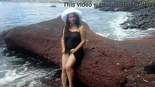 curvy beach beauty strips sexy outfits flashes pussy lips in public photoshoot
