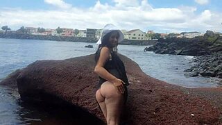 curvy beach beauty strips sexy outfits flashes pussy lips in public photoshoot