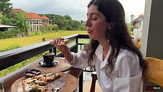 Sneaky Cum-Faced Pizza Munch in Crowded Public Cafe