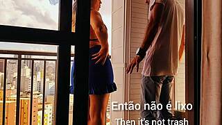 Tanned tattooed miniskirt slut gets balcony ass pounded bareback by muscular boss with creampie