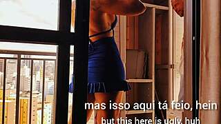 Tanned tattooed miniskirt slut gets balcony ass pounded bareback by muscular boss with creampie