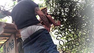 backyard anal pounding of redhead's ass with realistic fuck doll