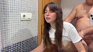 quick creampie filld my hairy pussy in bathroom while friends wait!!