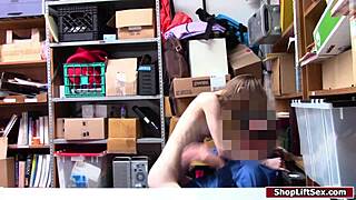 at the shop, the petite blonde teen shoplifter gets deepthroated then fucked hard before release