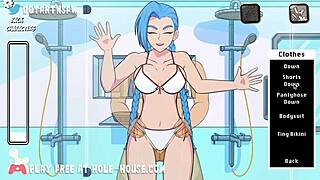jinx presses big tits against glass in shower for steamy creampie hentai