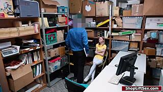 at the shop, the petite blonde teen shoplifter gets deepthroated then fucked hard before release