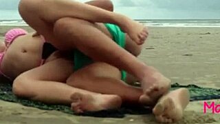 Brazilian beach public fuck with big tits bouncing