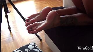 Camilla's beautiful feet get jerked off and covered in hot cum