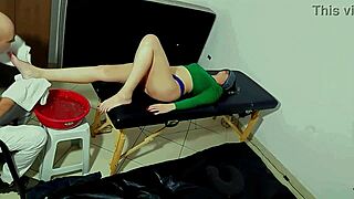 masseuse gives foot bath he licks toes massages then cums on feet