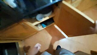 Immigrant babe rides cock bent over in pantry creampie