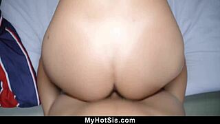 Young lovers share intimate bed cowgirl riding passion