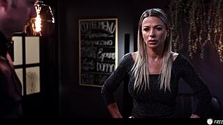 blonde milf hostess freezes huge tits exposed for rough doggystyle pounding and creampie