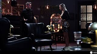 blonde milf hostess freezes huge tits exposed for rough doggystyle pounding and creampie